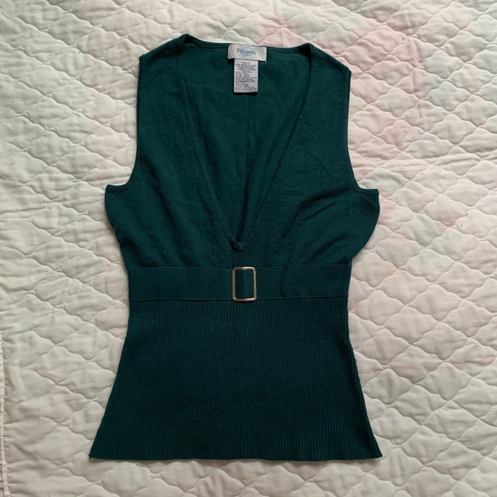 Petite Sophisticate Dark Green Belted Knit Tank Top